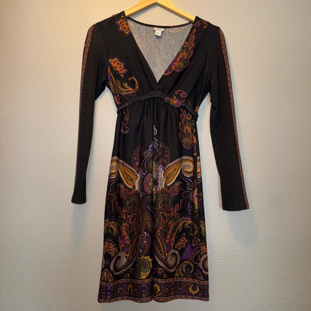 Vintage Paisley Print V-Neck Long Sleeved Sweater Dress - Size M